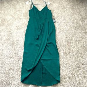 Faux satin sheen maxi dress with draped end